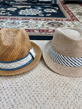 LOFT Women's Straw Fedora Hats with Decorative Bands - blue and cream boarders